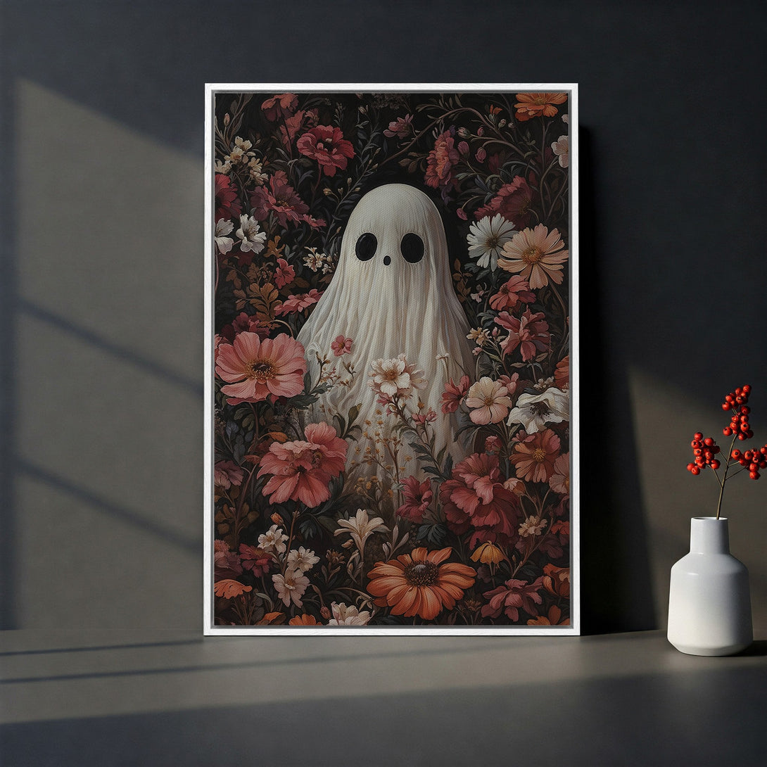 Framed Wall Art featuring a whimsical ghost in a floral setting. Dark, moody color palette with pops of red, orange, and white. Perfect for Halloween decor!