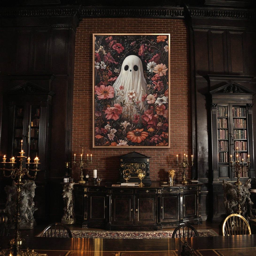 Framed Wall Art: Whimsical ghost art print on canvas. Floral background with a dark, moody color palette. Perfect for Halloween decor!