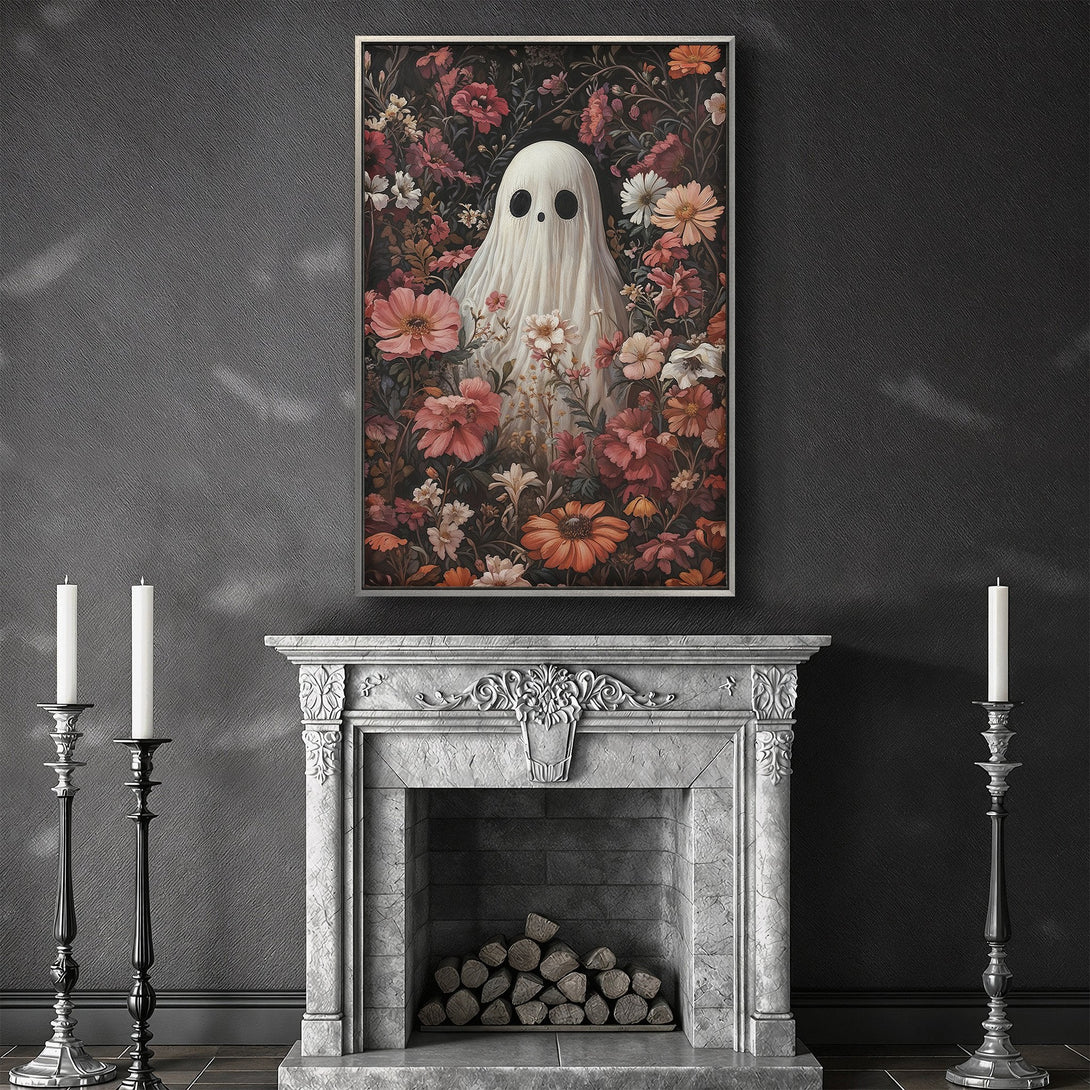 Framed Wall Art: Spooky ghost in floral garden, dark moody aesthetic. Canvas Print with a vintage style and a warm, autumnal color palette.