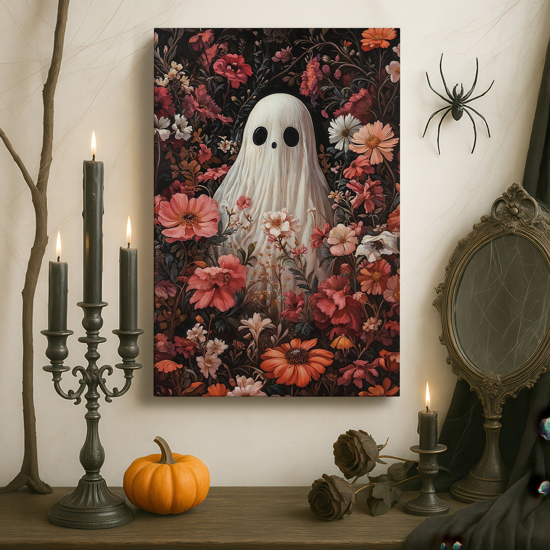 Framed Wall Art: Whimsical ghost surrounded by flowers, displayed in a dark, moody interior. Rich, dark color palette with pops of pink and orange.