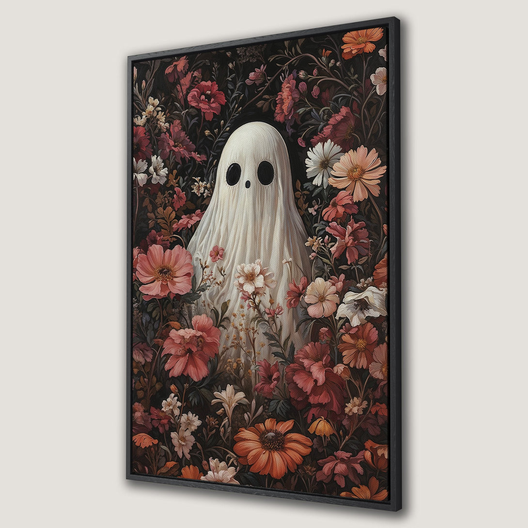 Framed Wall Art: Whimsical ghost print in a floral garden. Features a vintage style with a dark, moody color palette of reds, oranges, and blacks. Perfect Halloween decor!