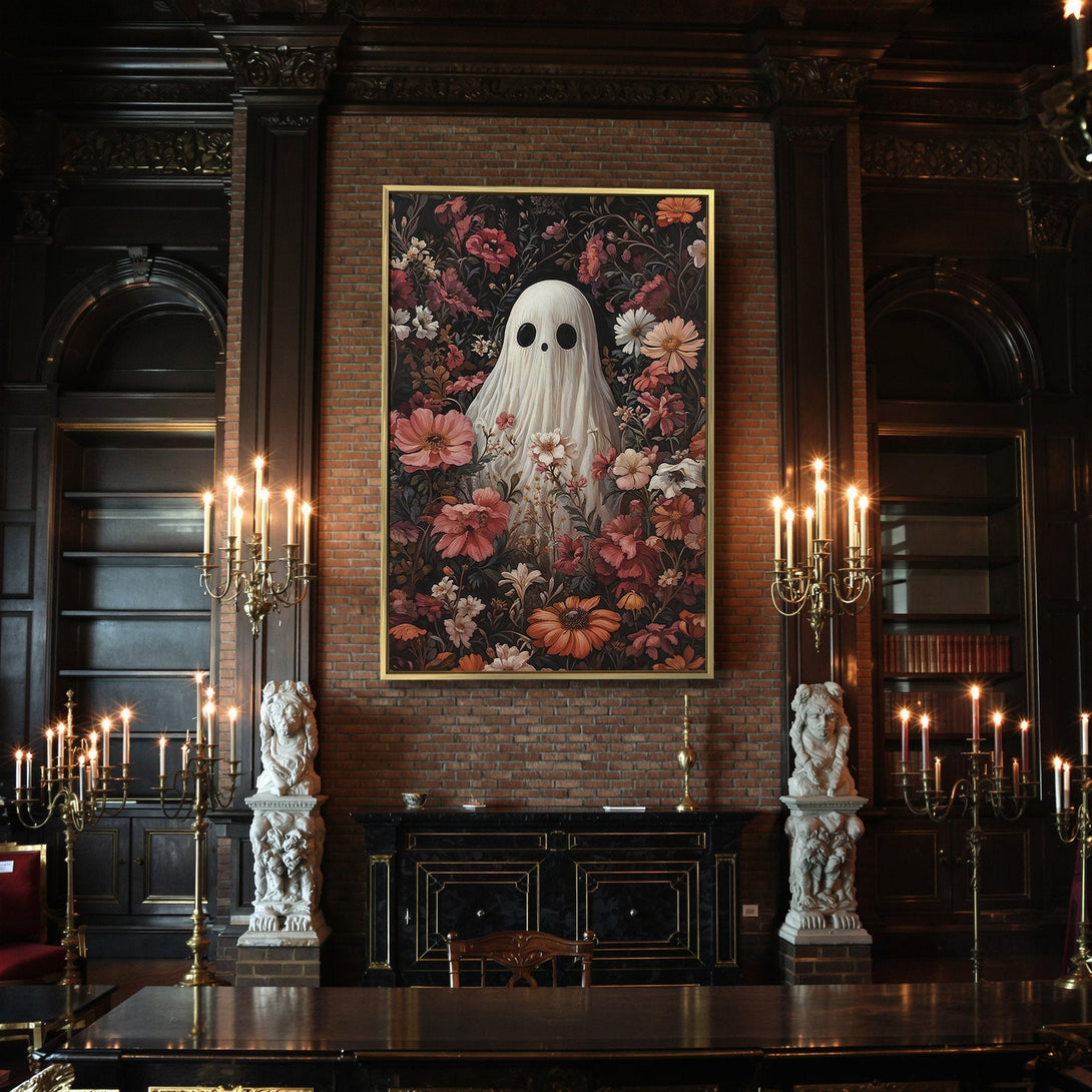 Canvas Print featuring a whimsical ghost in a floral garden, with a dark, moody color palette. Perfect Halloween wall art!