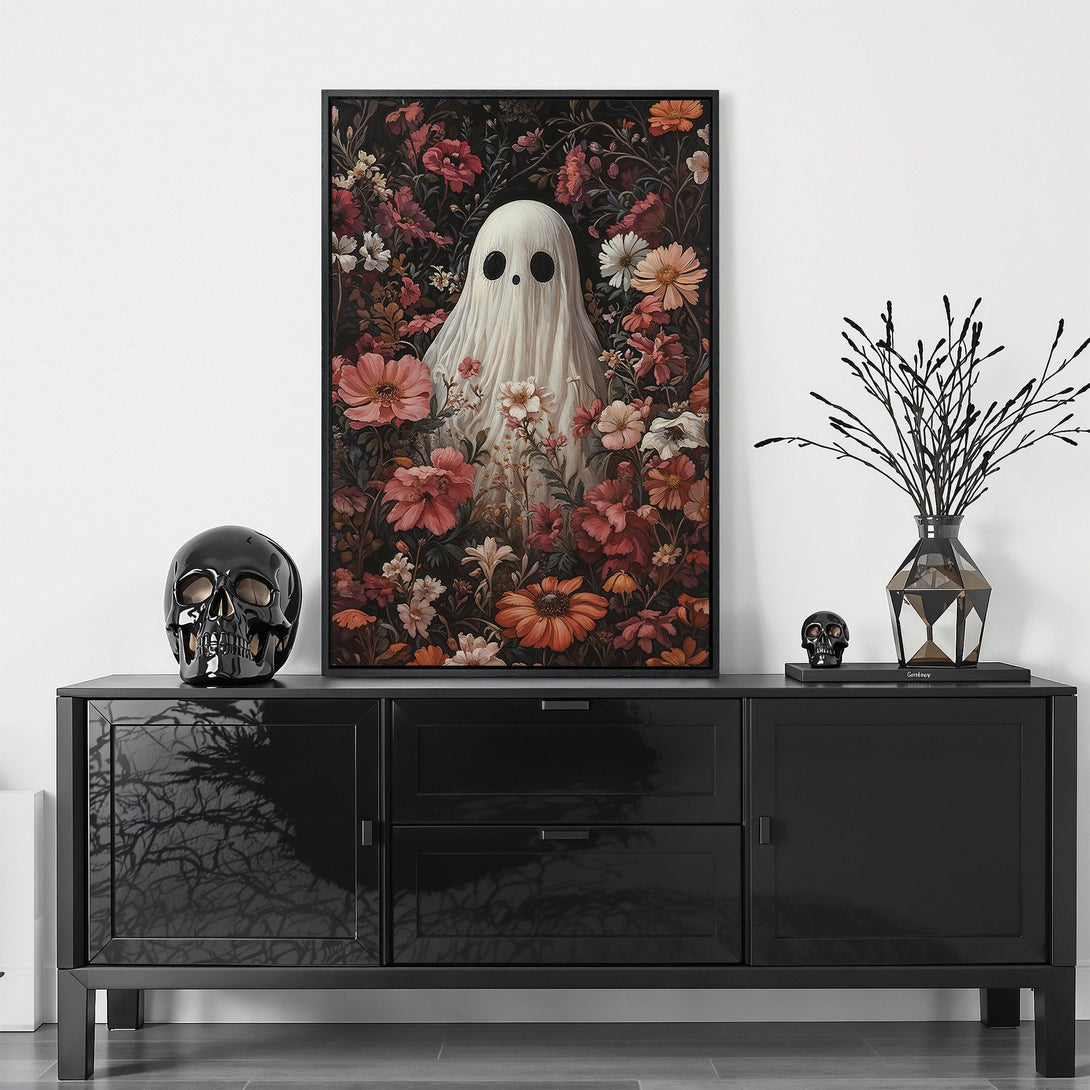 Framed Wall Art: Spooky ghost in a floral garden. Gothic style Canvas Print with a dark, moody color palette of reds, pinks, and blacks. Perfect for Halloween decor!