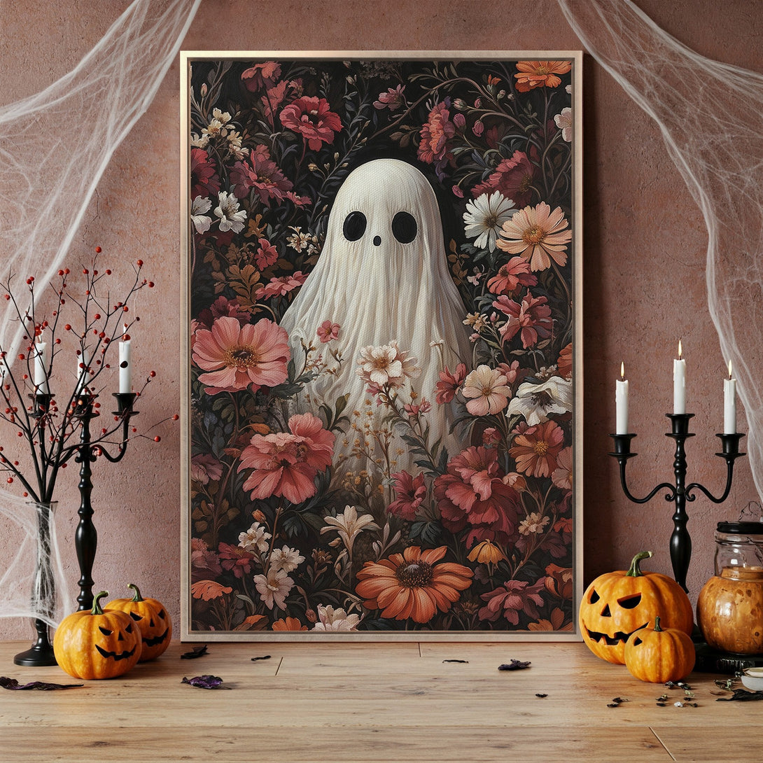 Framed Wall Art: Spooky ghost art with floral background. Dark, moody color palette of reds, oranges, and blacks. Perfect Halloween decor.