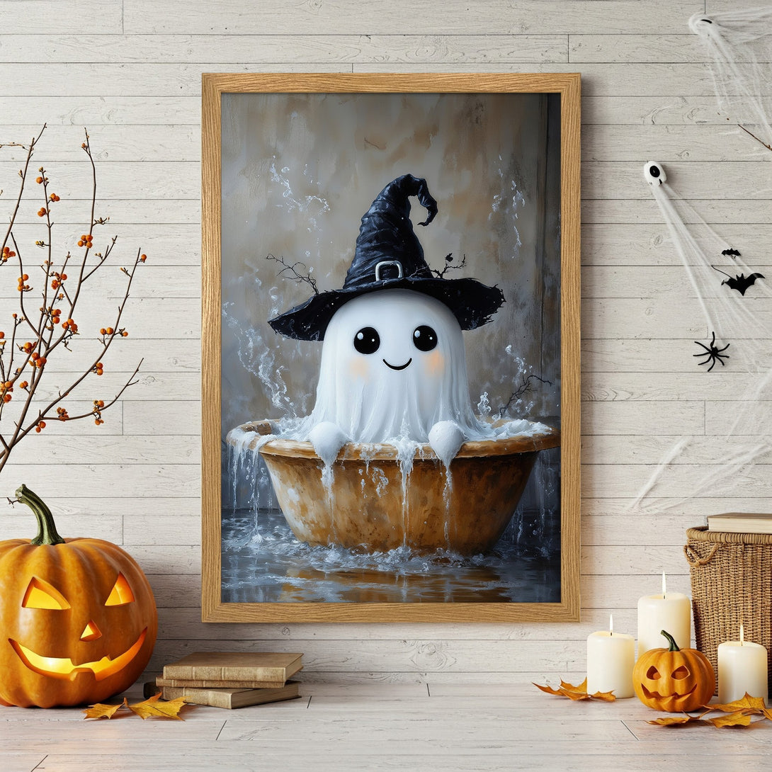 Framed Poster featuring a cute ghost in a witch hat, whimsical style, warm & neutral color palette, perfect for Halloween decor.