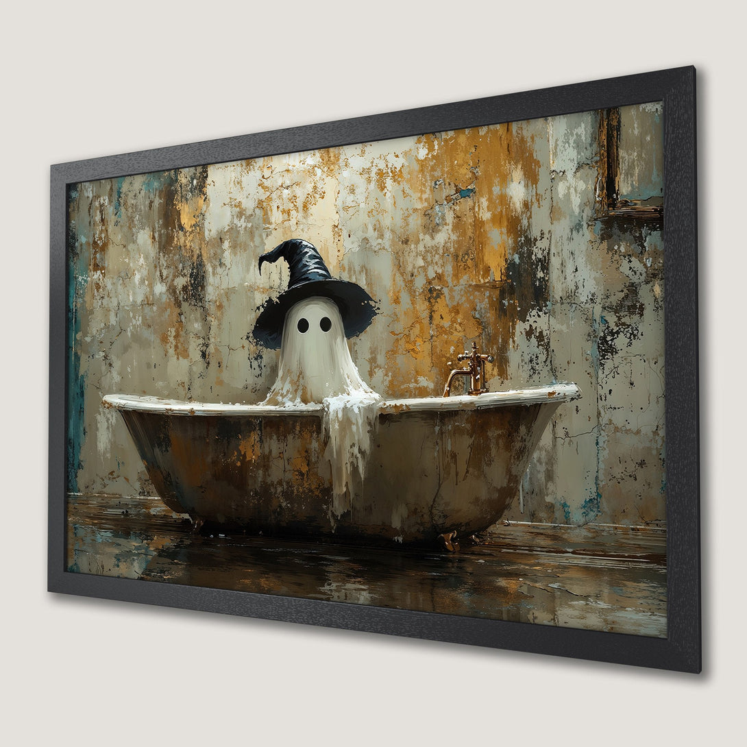 Framed Poster featuring a ghost in a witch hat in a bathtub. Rustic style, earthy color palette. Perfect Halloween decor!