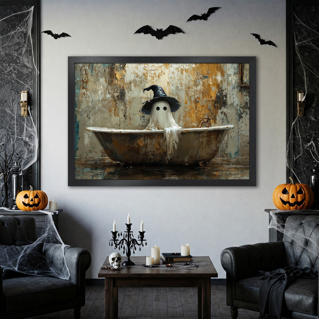 Framed Poster featuring a ghost in a bathtub, Halloween art with a vintage style and a warm, earthy color palette. Perfect spooky decor!