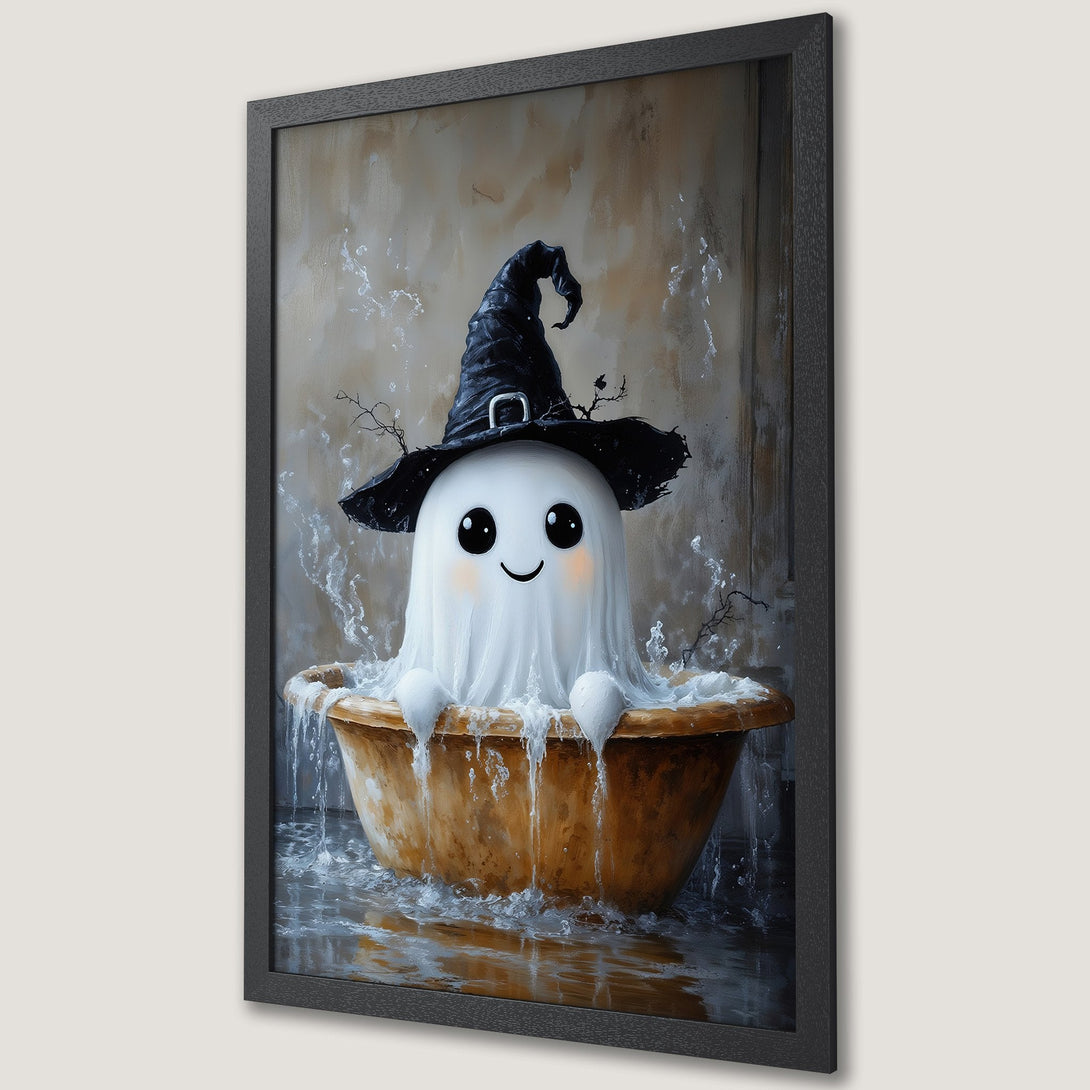 Framed Poster featuring a cute ghost in a witch hat, whimsical illustration with a warm, neutral color palette. Perfect Halloween decor!
