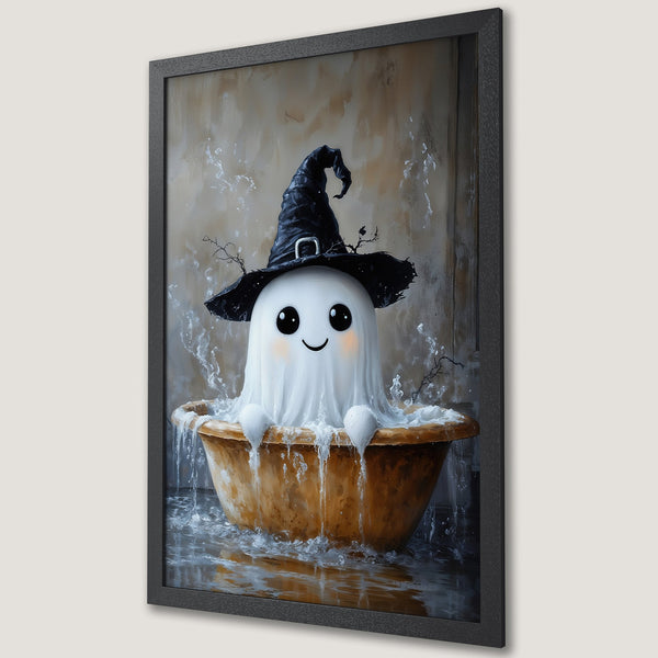 Framed Poster featuring a cute ghost in a witch hat, whimsical illustration with a warm, neutral color palette. Perfect Halloween decor!