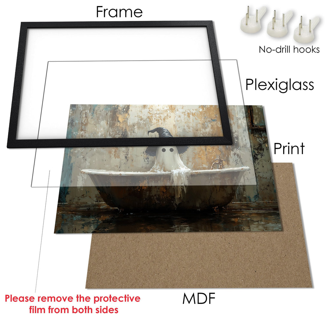 Framed Poster featuring a whimsical ghost in a bathtub, with a vintage style and a muted, earthy color palette. Perfect wall art!