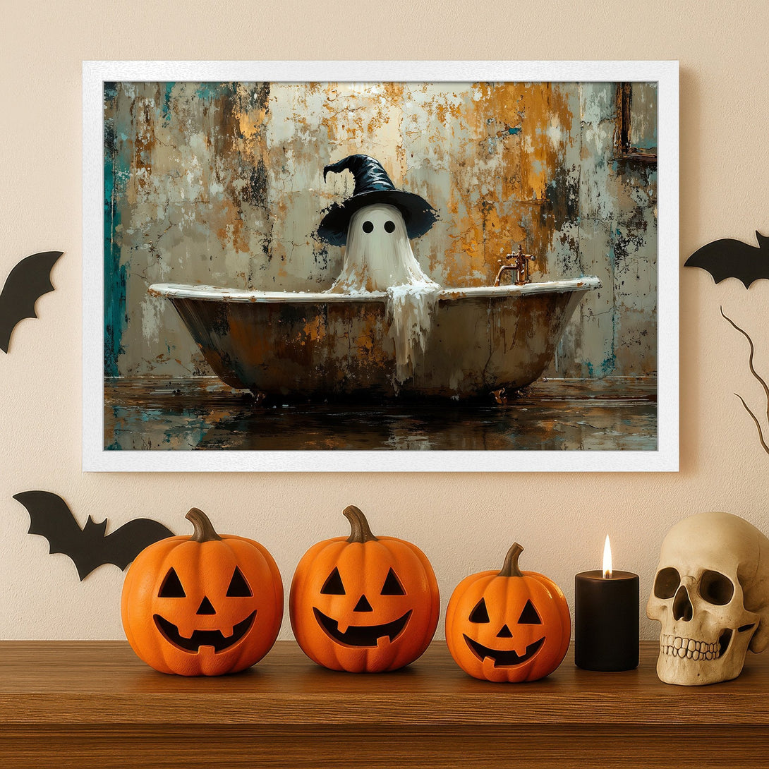 Framed Poster featuring a ghost in a bathtub, Halloween art in a rustic, muted color palette. Perfect spooky decor!