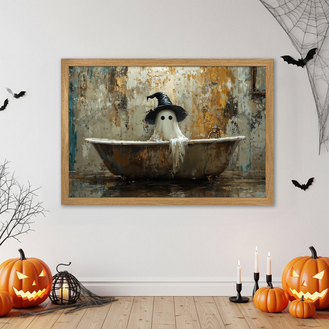 Framed Poster featuring a ghost in a bathtub, Halloween art, with a rustic style and a warm, earthy color palette.