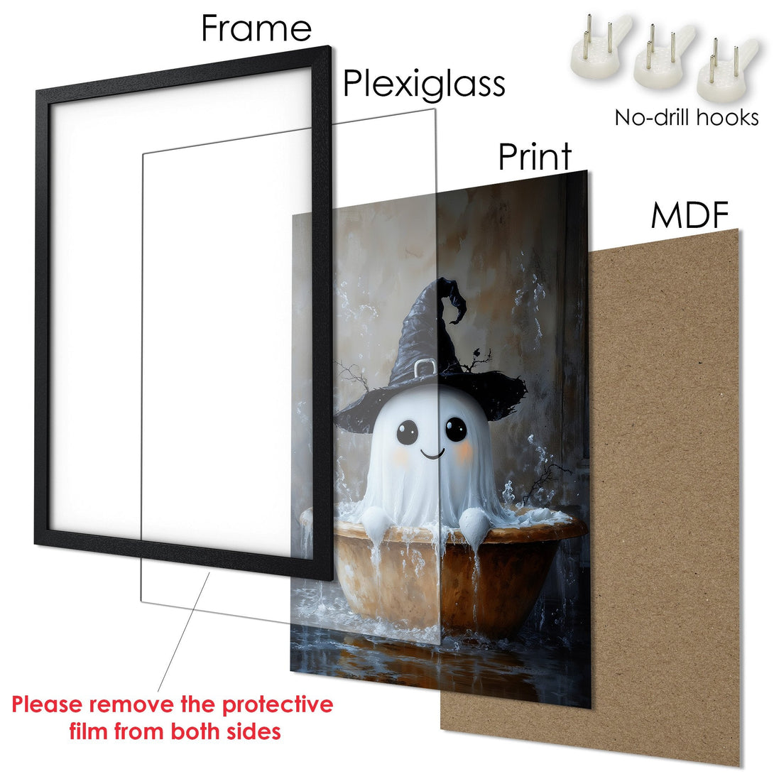 Framed Poster featuring a cute ghost in a witch hat, whimsical style, with a warm, neutral color palette. Perfect Halloween decor!