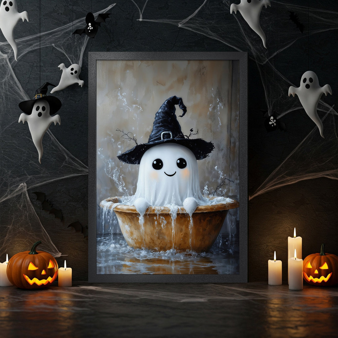 Framed Poster featuring a cute ghost in a witch hat, Halloween style, warm color palette. Perfect spooky decor!