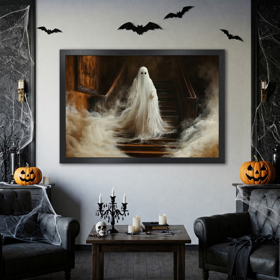 Framed Poster featuring a ghostly figure on a staircase, in a dark, moody style. The color palette is primarily black, white, and sepia tones. Perfect Halloween decor!