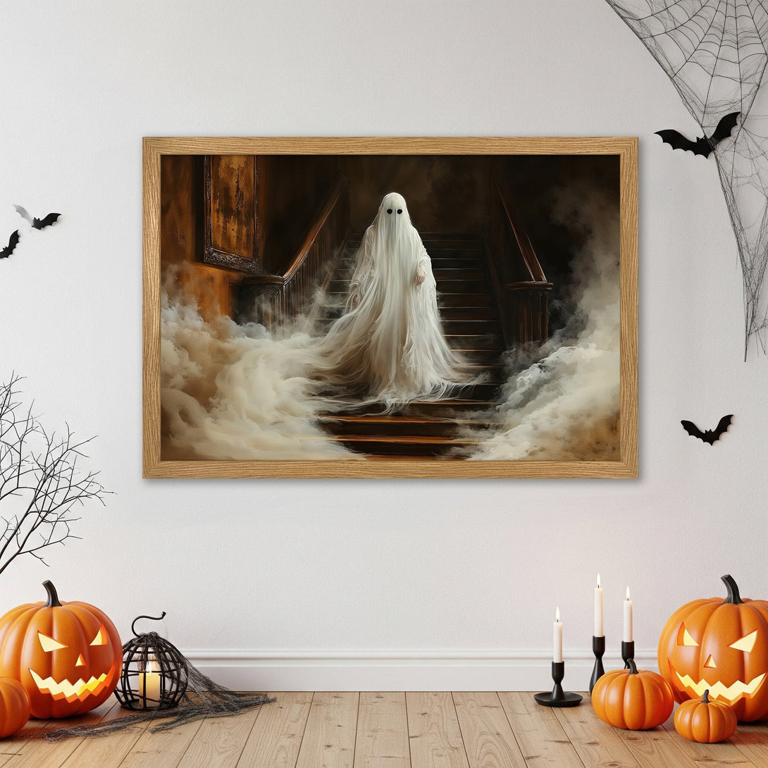 Framed Poster featuring a ghostly figure on a staircase, with a spooky, vintage style. Warm, earthy tones and white smoke create a haunting Halloween vibe.