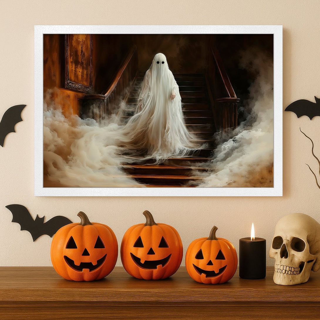 Framed Poster featuring a spooky ghost on stairs, with a warm color palette, perfect for Halloween decor.