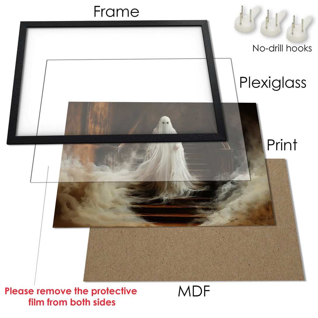 Framed Poster featuring a ghostly figure on a staircase, with a moody, sepia-toned color palette. Perfect for spooky decor!