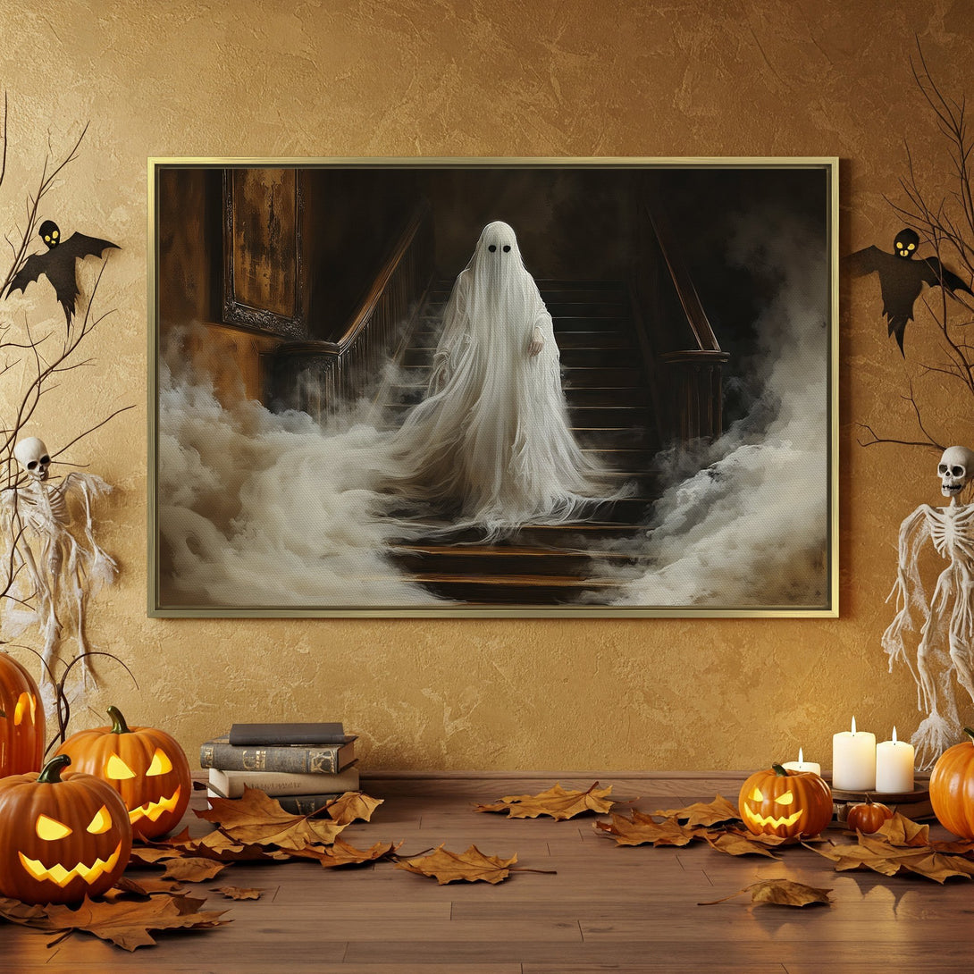Canvas Print of a ghost on a staircase in a Halloween-themed room, featuring a spooky aesthetic with orange, black, and gray accents.