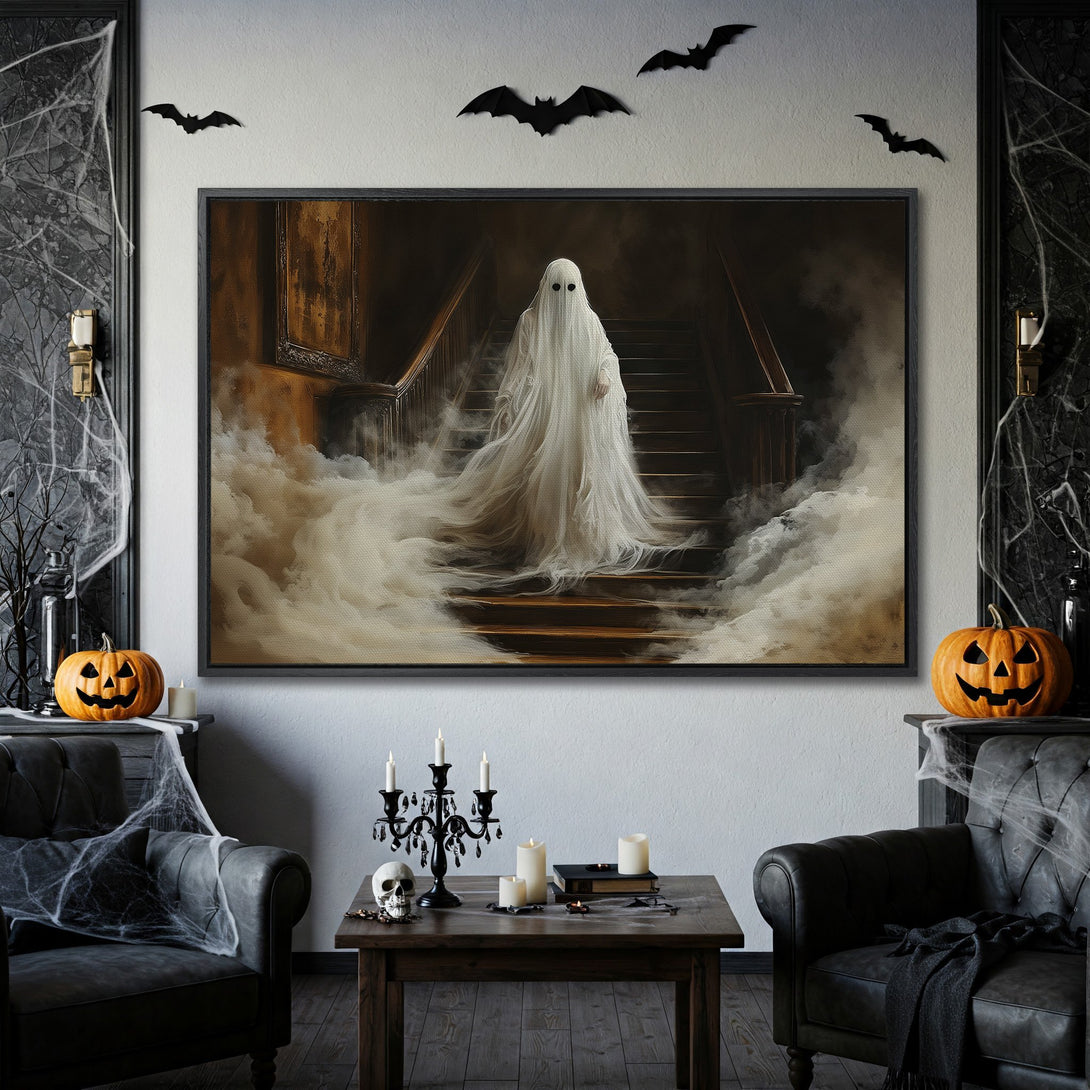 Framed Wall Art: Spooky ghost descending stairs in a vintage style, neutral color palette. Perfect Halloween decor for a haunted home!