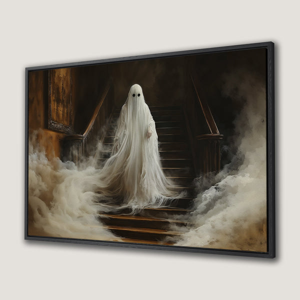 Framed Wall Art: Spooky ghost on a staircase, vintage style, with a muted color palette of browns, whites, and blacks. Perfect Halloween decor.