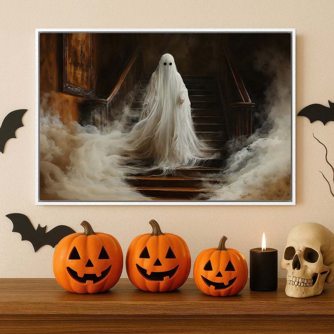 Framed Wall Art: Spooky ghost on a staircase. Halloween-themed canvas print with a dark, moody color palette. Perfect for your haunted home!