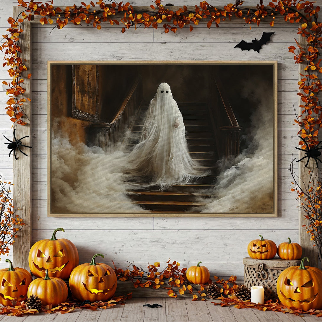 Framed Wall Art: Spooky ghost on stairs canvas print. Dark, moody art in a Halloween theme, featuring a white and brown color palette. Perfect for fall decor!