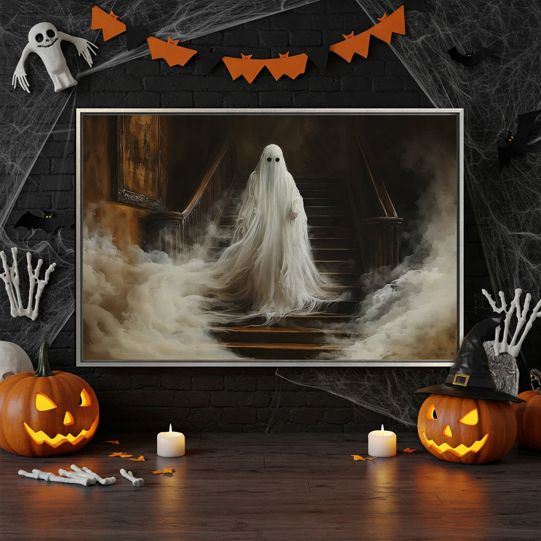 Framed Wall Art: Spooky ghost on stairs canvas print, perfect for Halloween decor. Features a haunting, vintage style with muted tones. Get yours today!