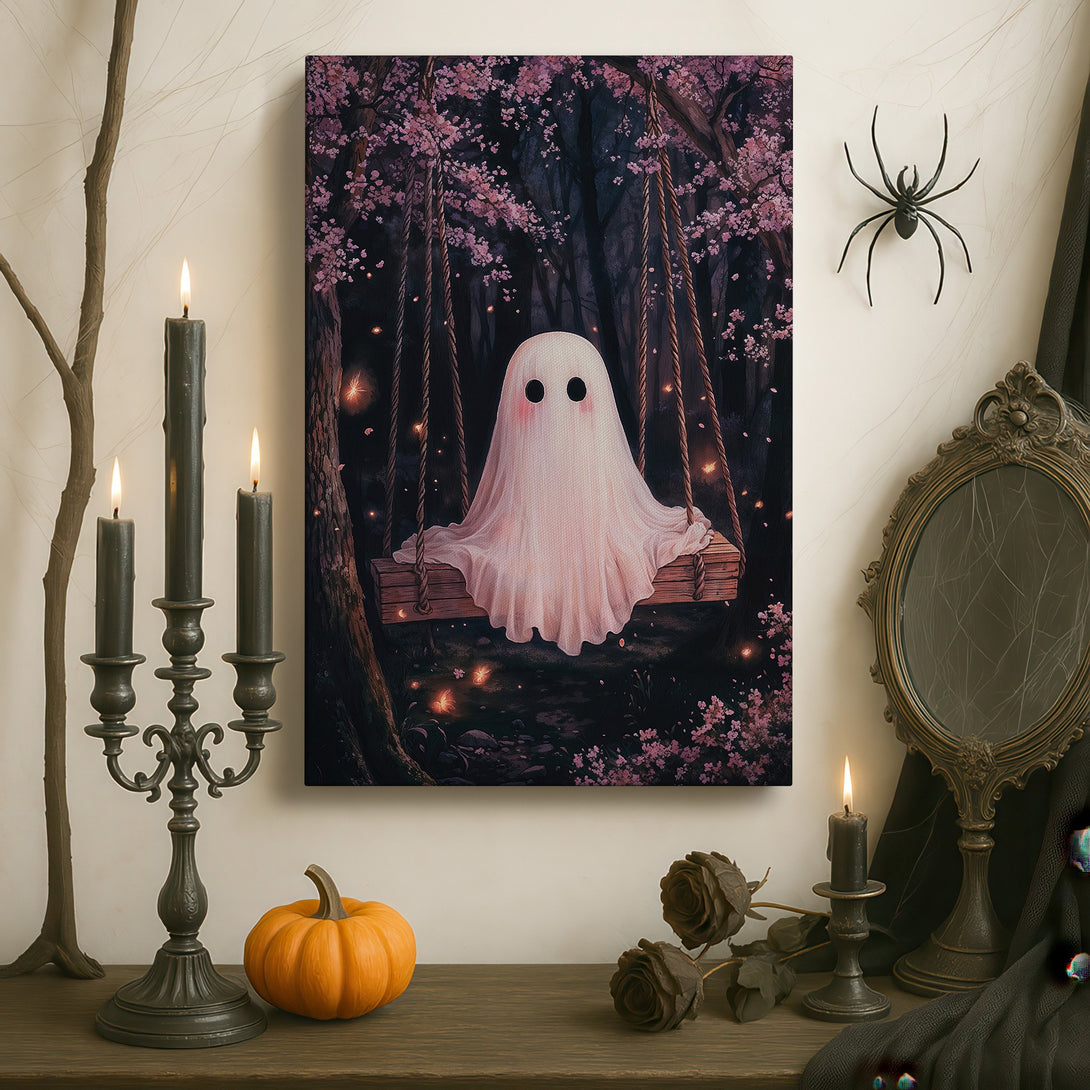 Framed Wall Art featuring a whimsical ghost on a swing in a forest, with a dark, moody color palette. Perfect for adding a touch of magic to any space.
