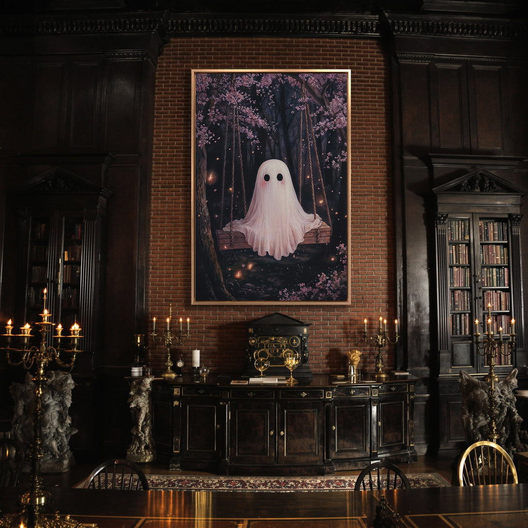 Framed Wall Art featuring a whimsical ghost on a swing in a forest, with a dark and moody color palette. Perfect for adding a touch of spooky charm!