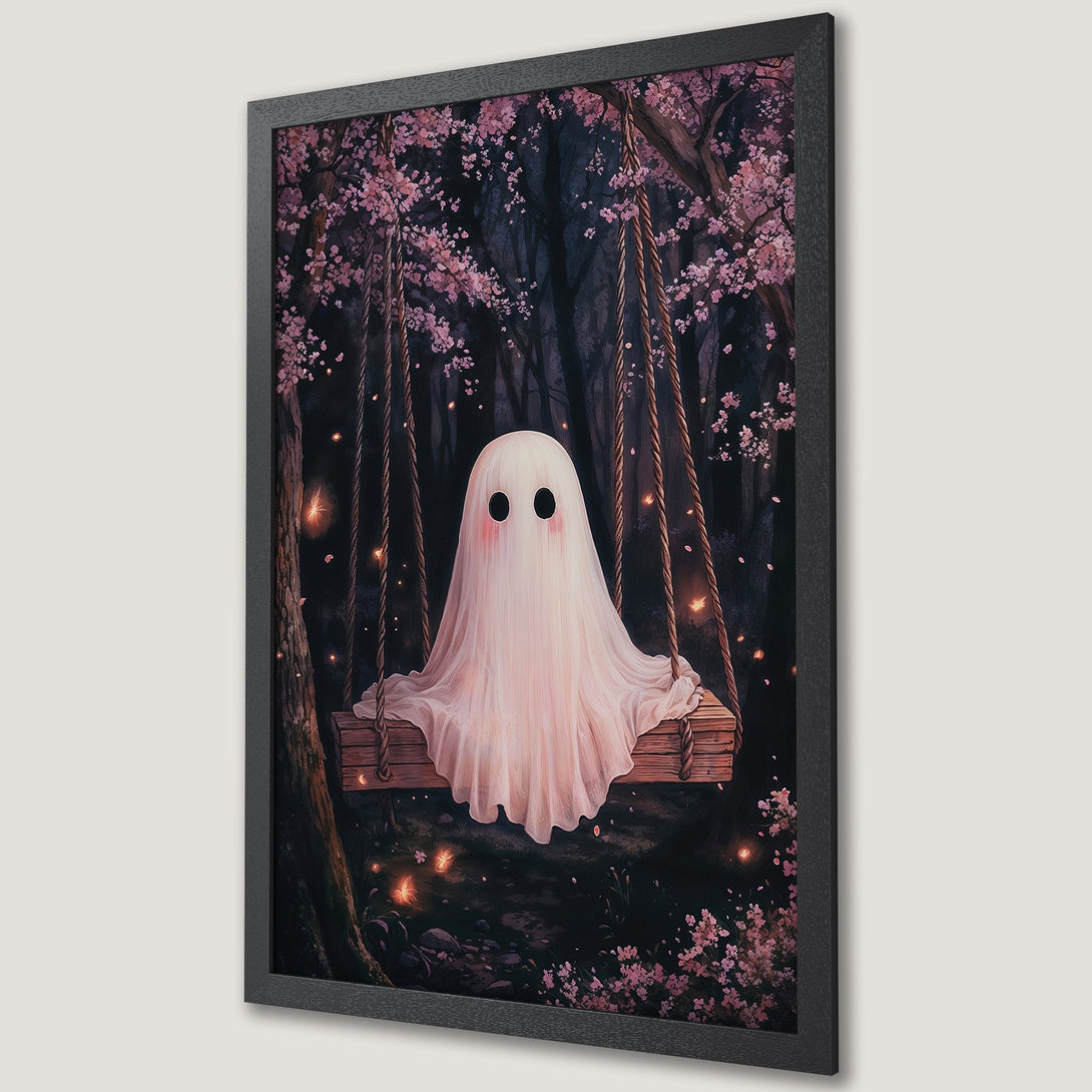 Framed Poster featuring a cute ghost on a swing in a whimsical forest with pink blossoms, soft color palette. Perfect wall art!