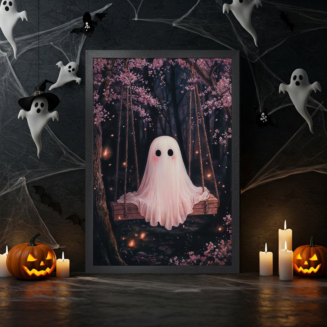 Framed Poster featuring a cute ghost on a swing, in a whimsical style with pink and dark color palette, perfect for Halloween decor.