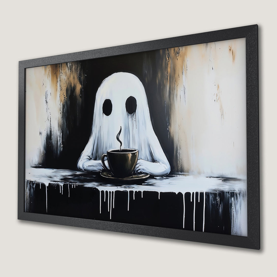 Framed Poster featuring a ghost enjoying coffee. Modern art style with black, white, and beige color palette. Perfect for your wall decor.