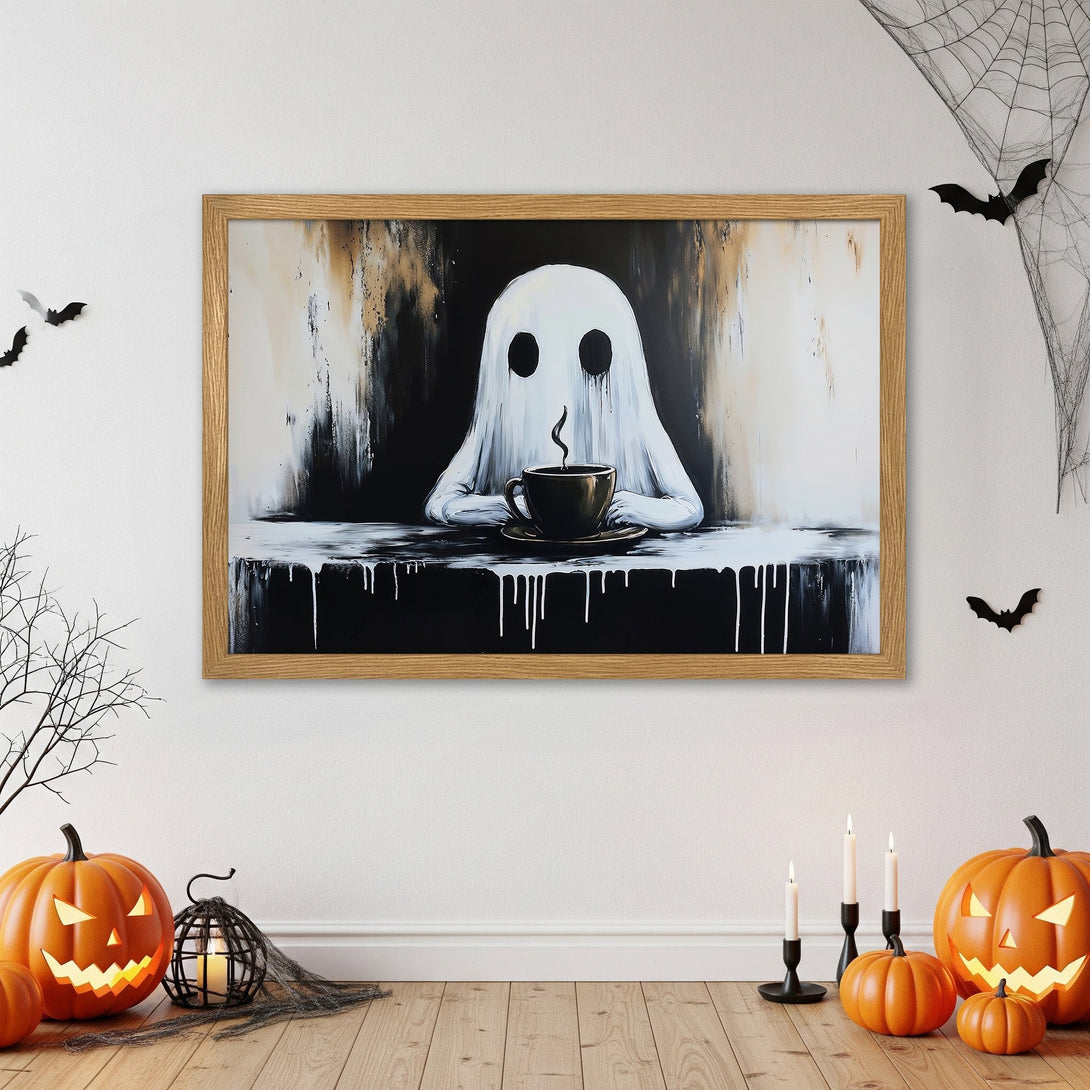 Framed Poster: Spooky ghost art print in black, white, and beige. Perfect Halloween decor! Add this unique poster to your collection.