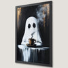 Spooky Ghost with Coffee Art Poster for Halloween Decor