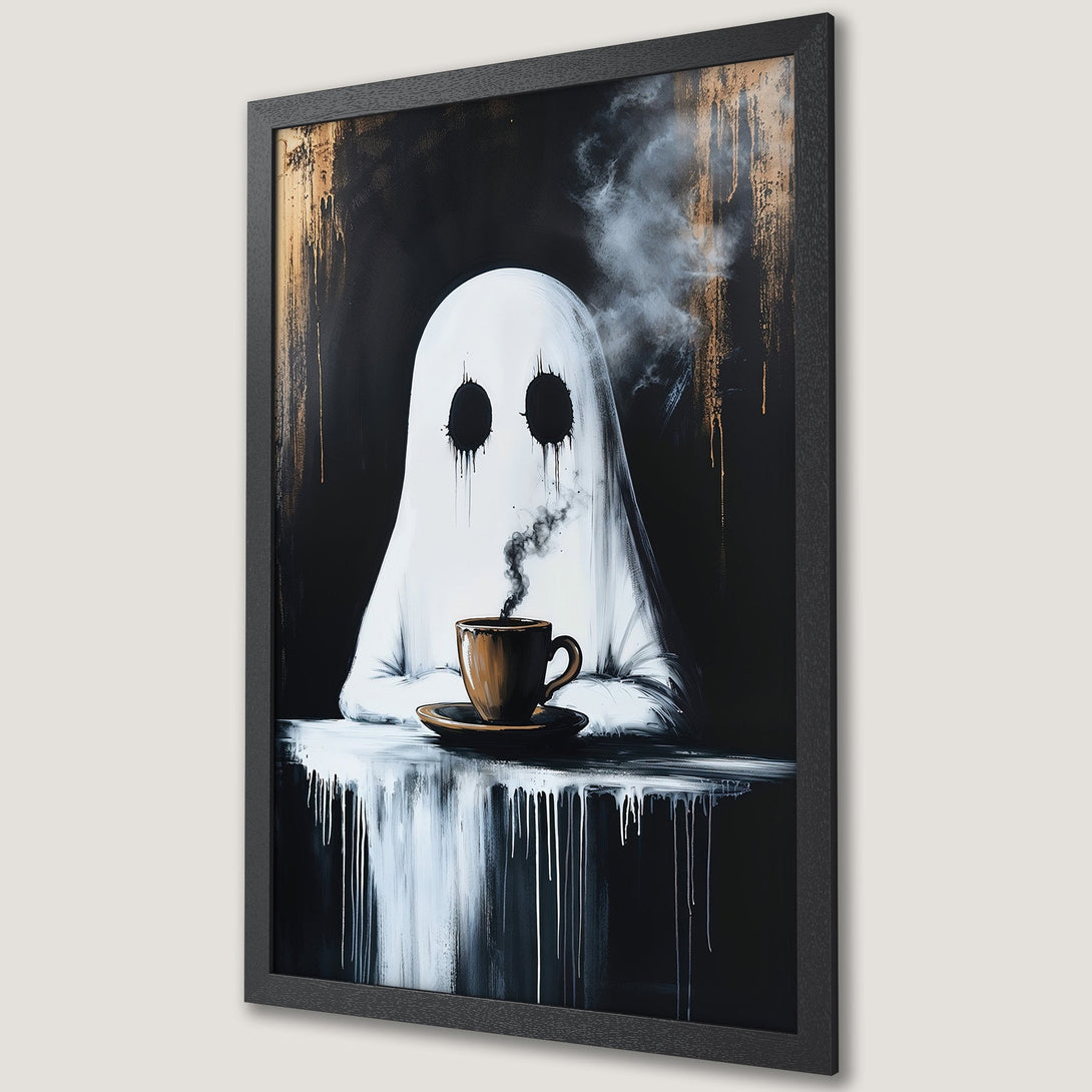 Framed Poster featuring a ghost enjoying coffee. Modern art style with a black, white, and gold color palette. Perfect for Halloween decor!