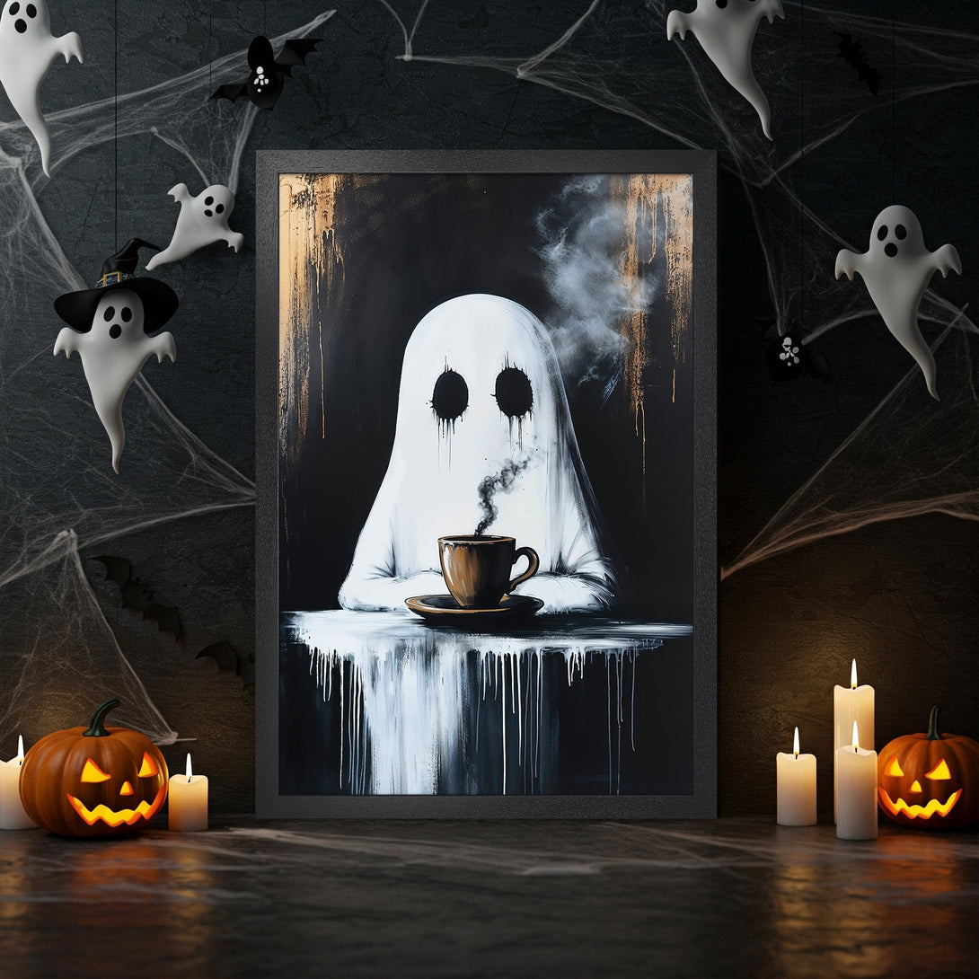 Framed Poster featuring a ghost enjoying coffee, modern art style, black and white with gold accents, perfect Halloween decor.