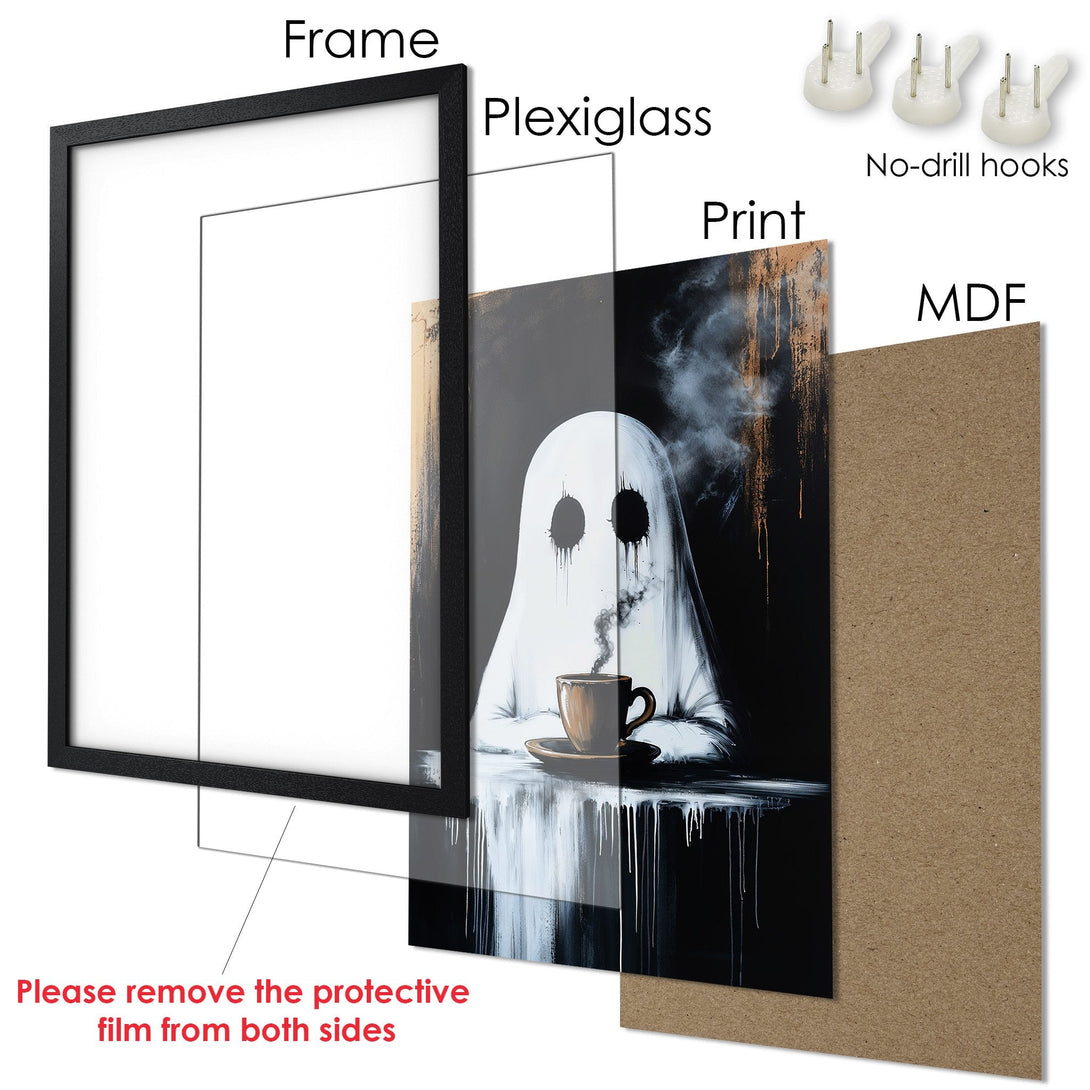 Framed Poster: Ghost art print in black & white with a touch of gold. Modern, minimalist style for your wall decor.