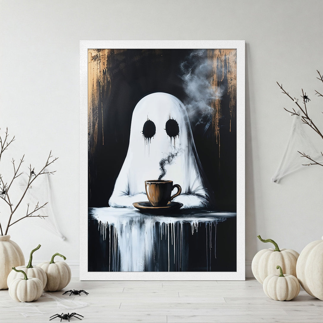 Framed Poster featuring a ghost enjoying coffee, modern art style, black, white, and gold color palette. Spooky wall art.