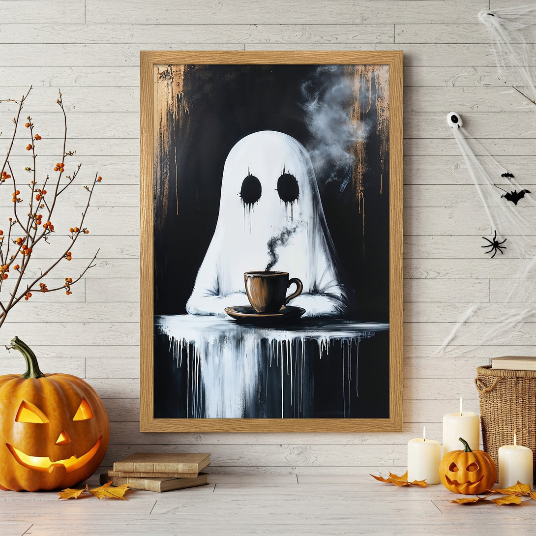 Framed Poster featuring a ghost enjoying coffee. Modern art style with a black, white, and gold color palette. Perfect Halloween decor!