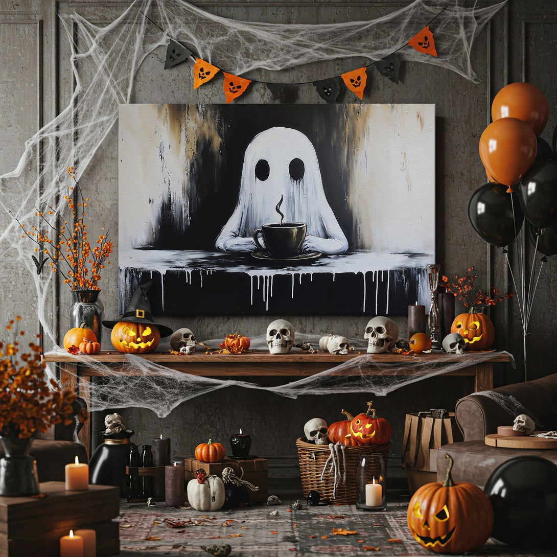 Framed Wall Art: Spooky ghost art with coffee, black and white palette. Perfect Halloween decor for your home. Shop now!
