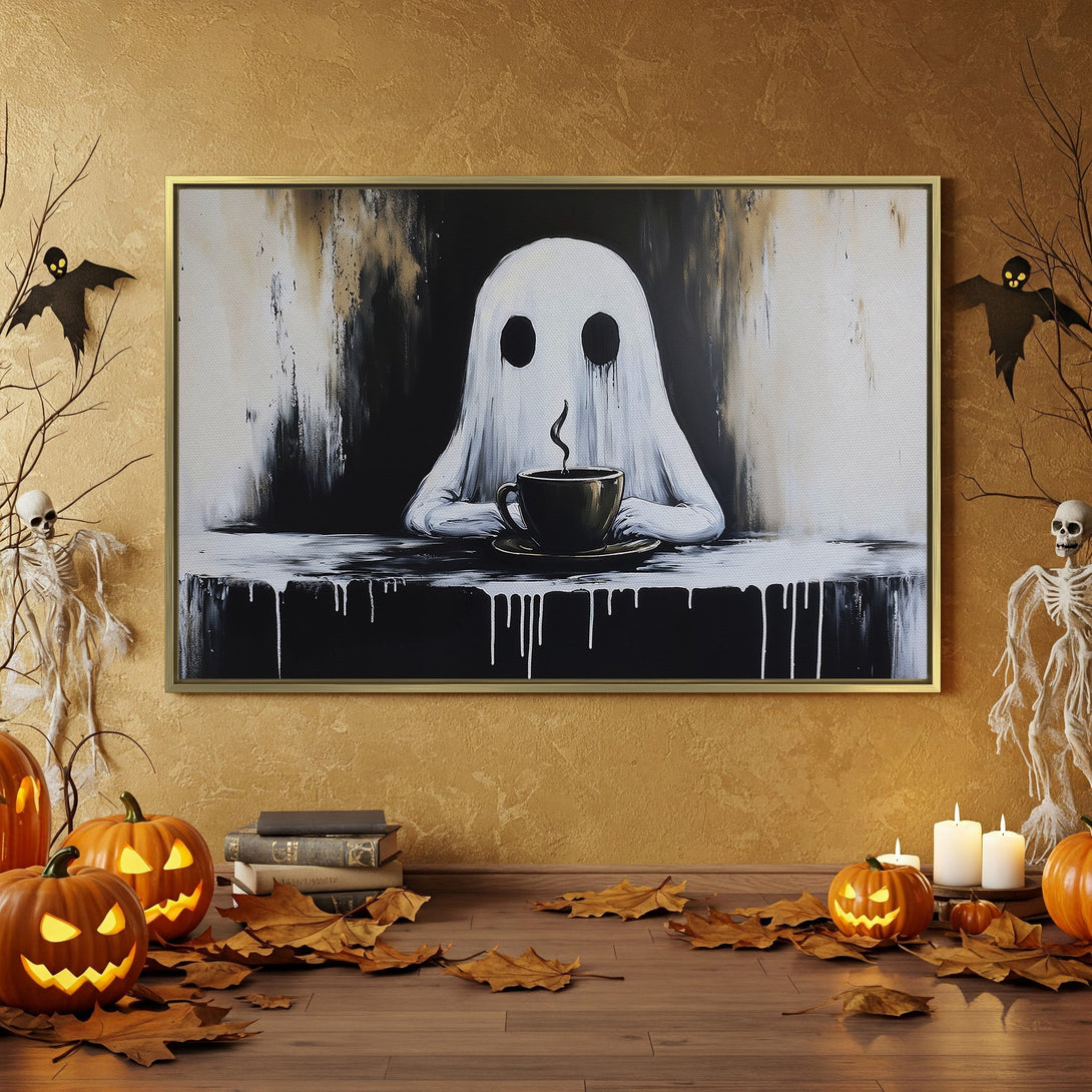 Spooky Halloween Canvas Print featuring a ghost enjoying coffee, in a black, white, and orange color palette. Perfect for seasonal decor!