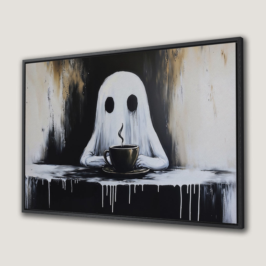 Framed Wall Art: Ghost enjoying coffee. Modern, abstract style in black, white, and gold tones. Perfect for adding a touch of spooky art to your home decor.