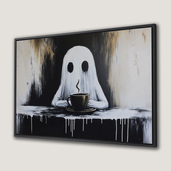 Framed Wall Art: Ghost enjoying coffee. Modern, abstract style in black, white, and gold tones. Perfect for adding a touch of spooky art to your home decor.