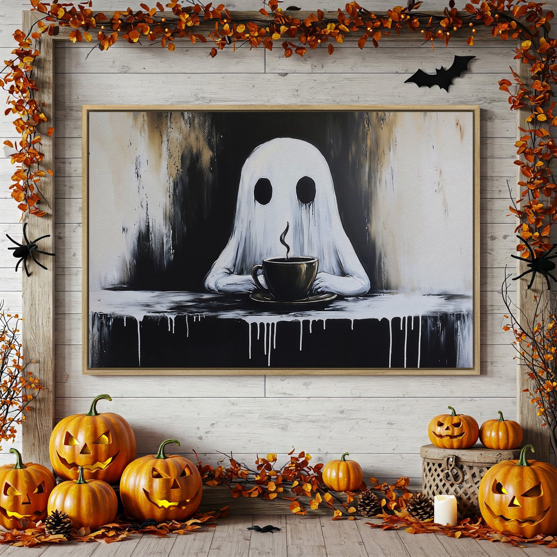 Framed Wall Art featuring a spooky ghost enjoying coffee, modern art style, with a black, white, and beige color palette. Perfect Halloween decor!