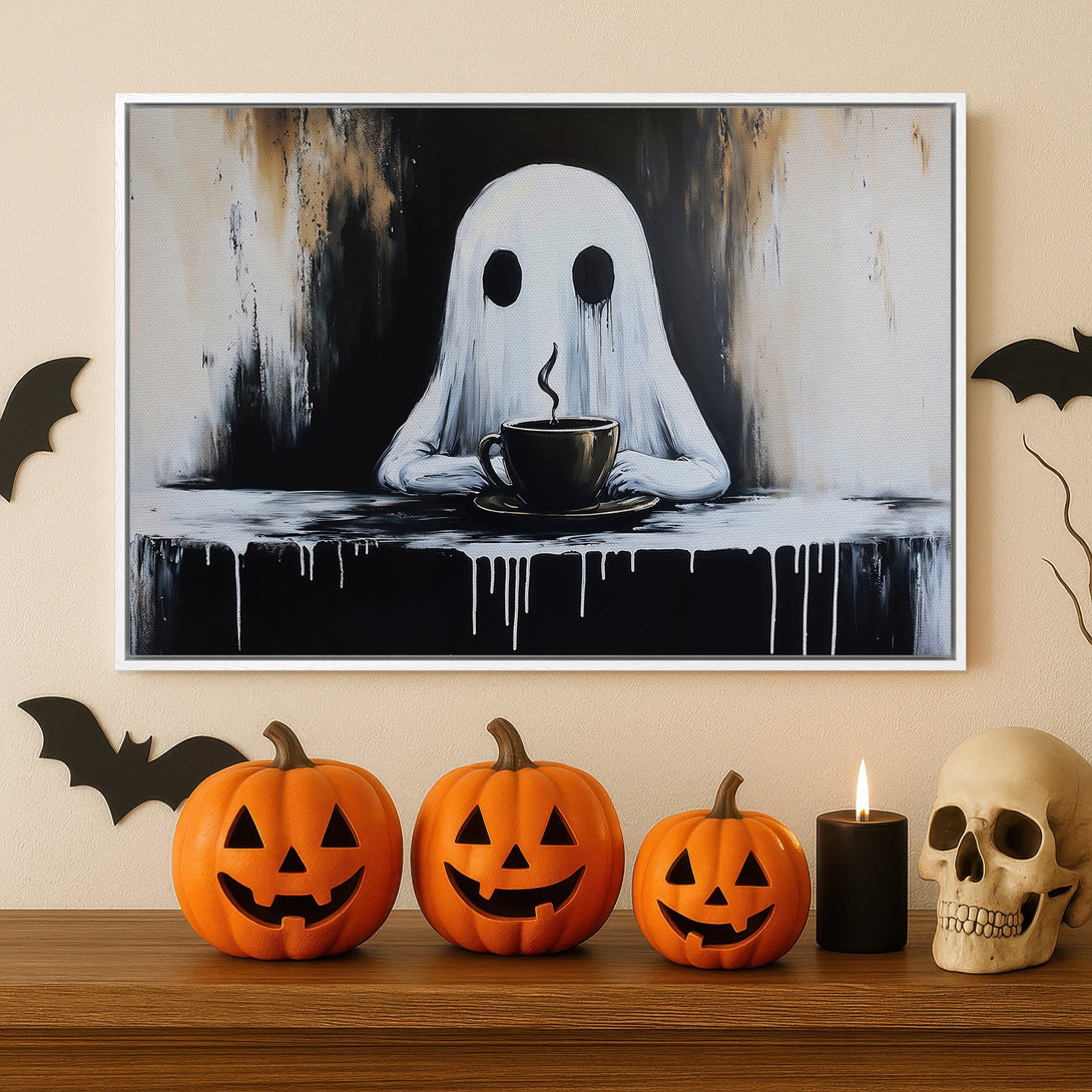 Framed Wall Art: Spooky ghost enjoying coffee. Abstract art in black, white, and tan. Perfect Halloween decor for your home.