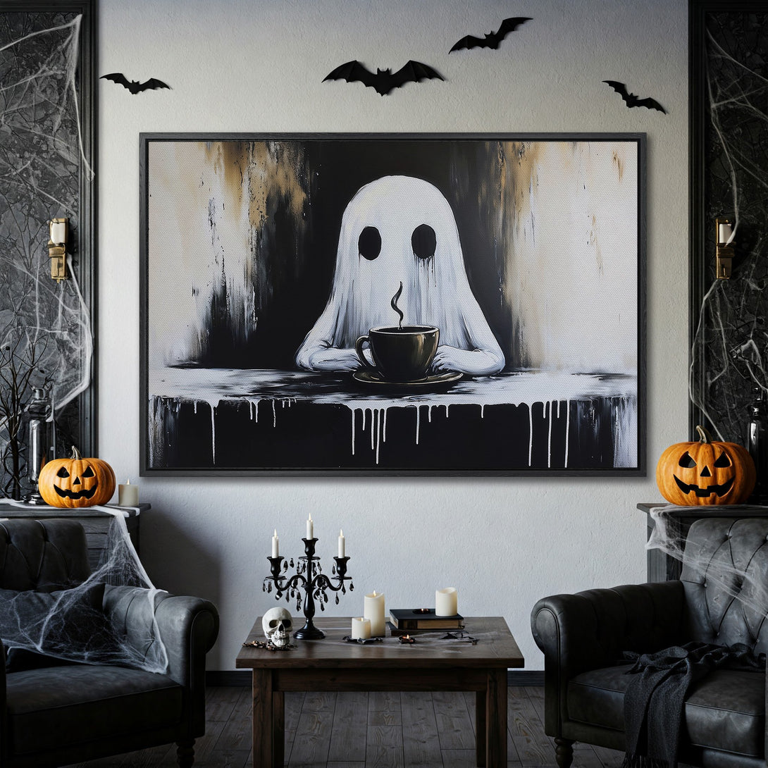 Framed Wall Art: Spooky ghost enjoying coffee. Modern monochrome canvas print with a Halloween theme. Perfect for your spooky decor!