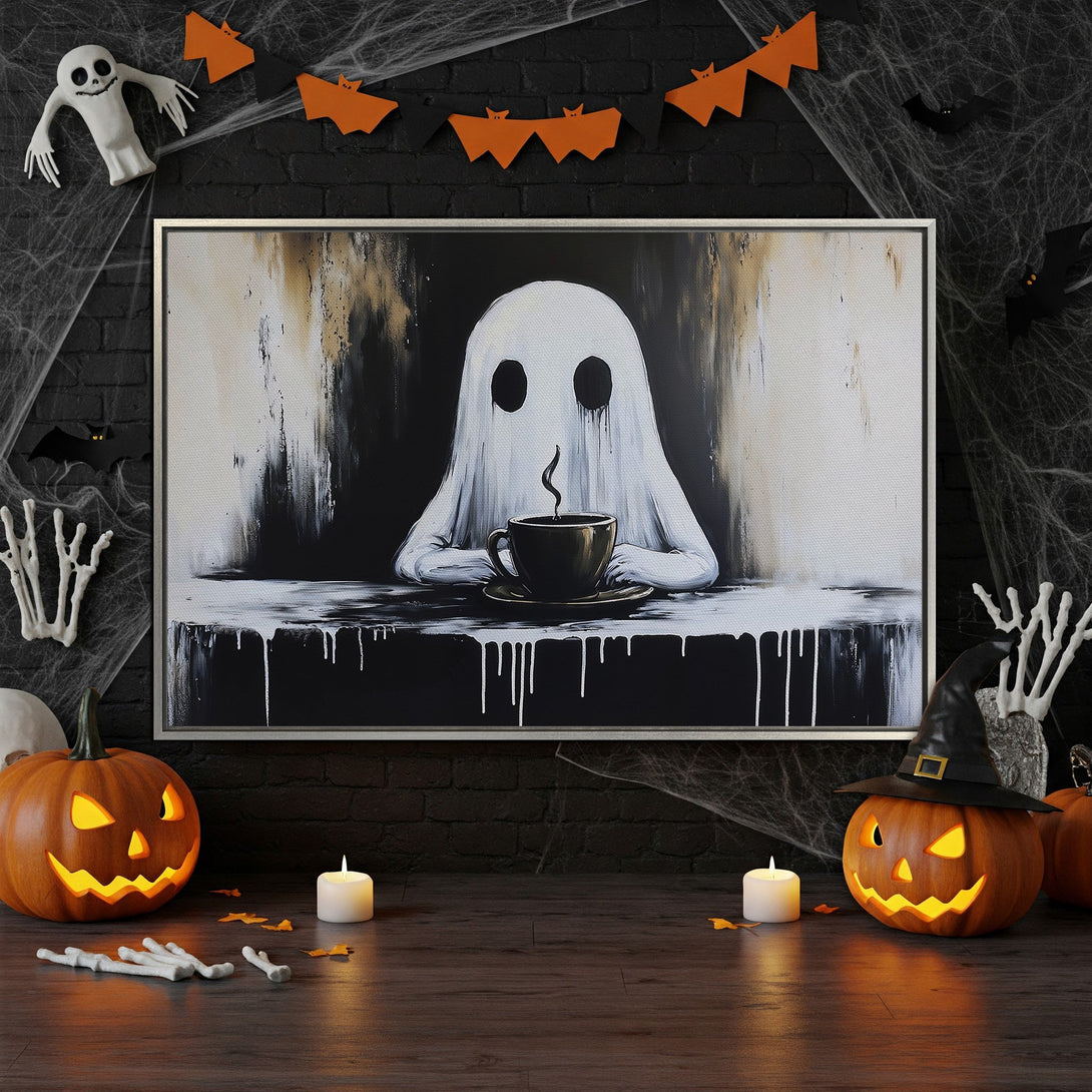 Framed Wall Art: Spooky ghost enjoying coffee. Modern black and white abstract art with a Halloween theme. Perfect for adding a touch of eerie style to your home.