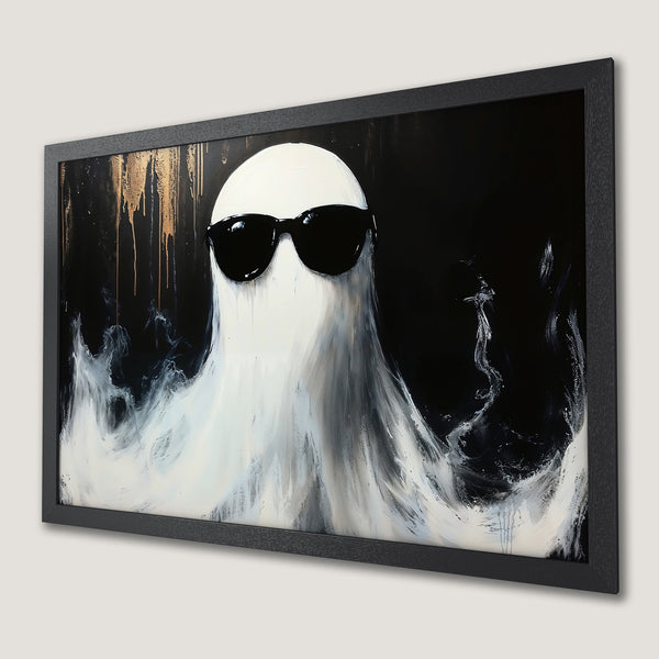 Framed Poster featuring a cool ghost in sunglasses, abstract art style, black, white, and gold color palette.