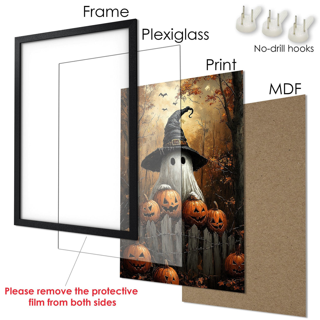 Framed Poster featuring a spooky ghost & pumpkins. Warm autumn color palette and whimsical style. Perfect Halloween decor!
